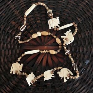 Vintage Zuni Festish Beaded Necklace Glass Clay Beads Carved Elephants